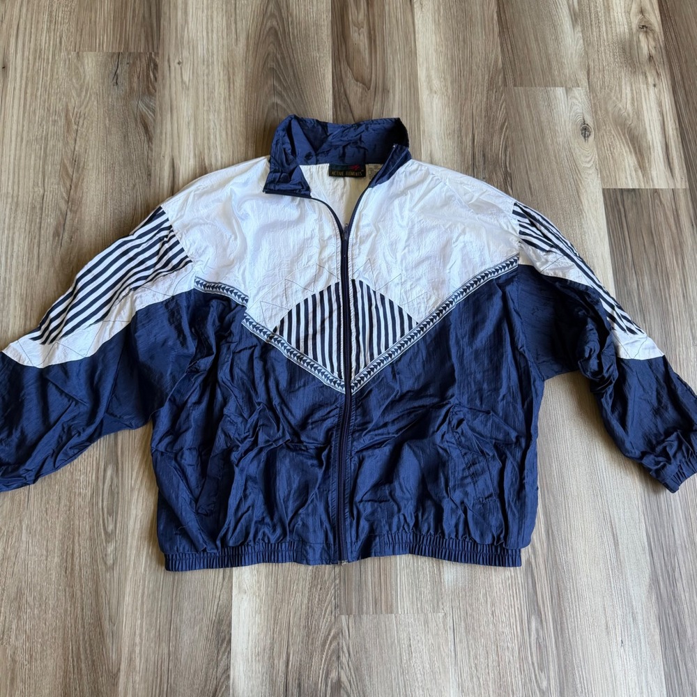Vintage Active Elements Colorblock Windbreaker Jacket Navy XL Geometric 90s